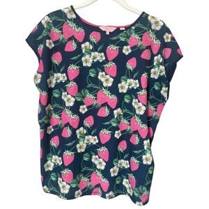 Ted Baker London Cap Sleeves Sew in Love T-shirt Red Strawberries on Blue sz. 6